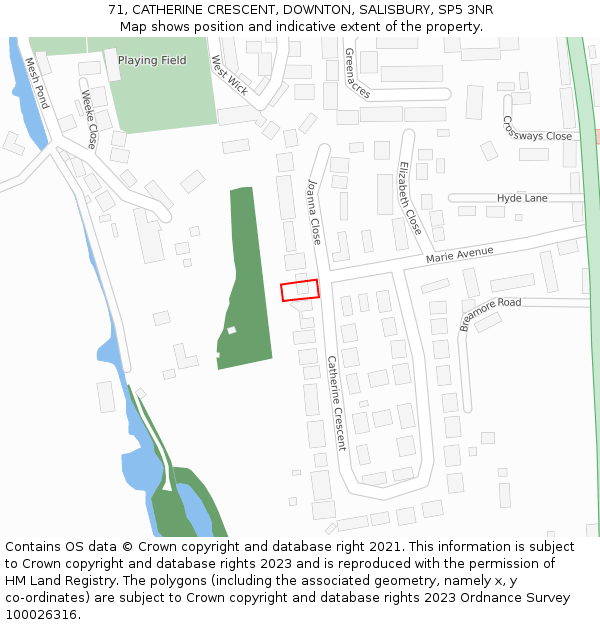 71, CATHERINE CRESCENT, DOWNTON, SALISBURY, SP5 3NR: Location map and indicative extent of plot