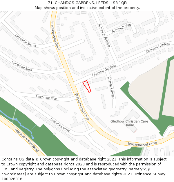 71, CHANDOS GARDENS, LEEDS, LS8 1QB: Location map and indicative extent of plot