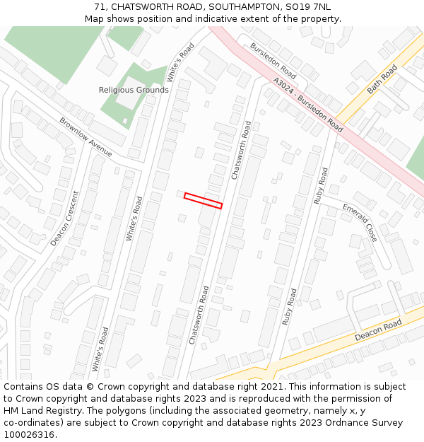 71, CHATSWORTH ROAD, SOUTHAMPTON, SO19 7NL: Location map and indicative extent of plot