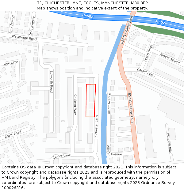 71, CHICHESTER LANE, ECCLES, MANCHESTER, M30 8EP: Location map and indicative extent of plot