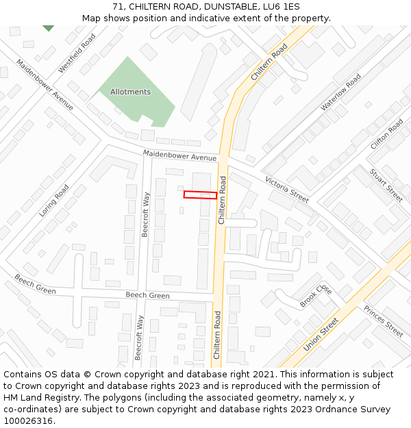 71, CHILTERN ROAD, DUNSTABLE, LU6 1ES: Location map and indicative extent of plot