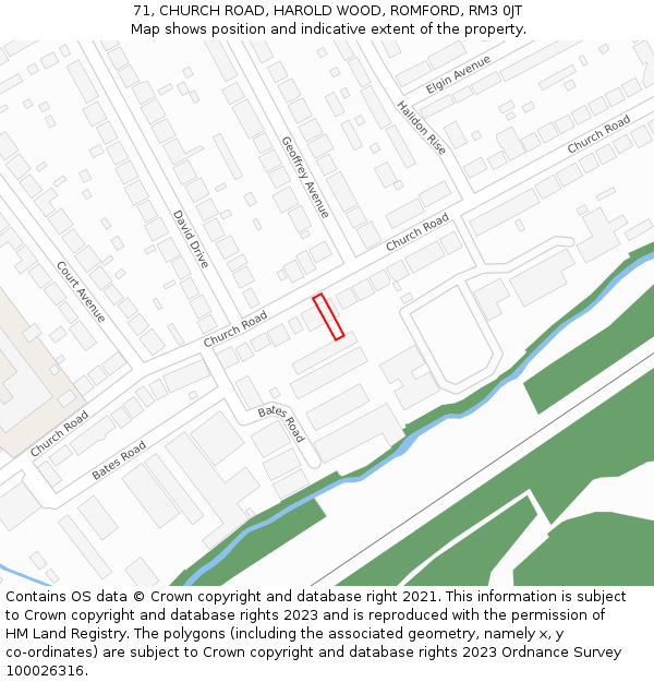 71, CHURCH ROAD, HAROLD WOOD, ROMFORD, RM3 0JT: Location map and indicative extent of plot