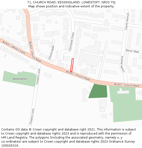 71, CHURCH ROAD, KESSINGLAND, LOWESTOFT, NR33 7SJ: Location map and indicative extent of plot