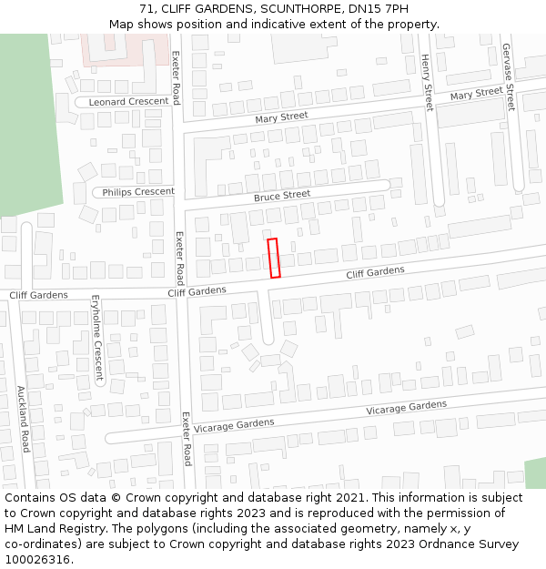 71, CLIFF GARDENS, SCUNTHORPE, DN15 7PH: Location map and indicative extent of plot