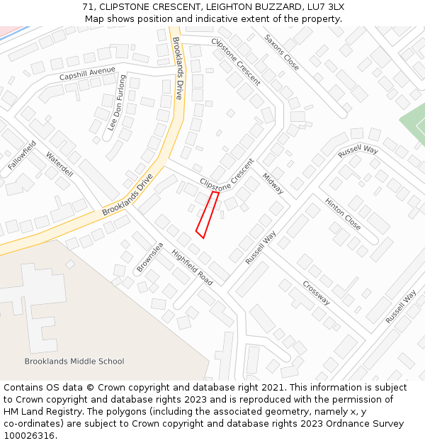 71, CLIPSTONE CRESCENT, LEIGHTON BUZZARD, LU7 3LX: Location map and indicative extent of plot