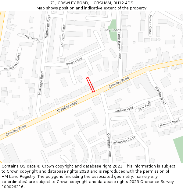 71, CRAWLEY ROAD, HORSHAM, RH12 4DS: Location map and indicative extent of plot