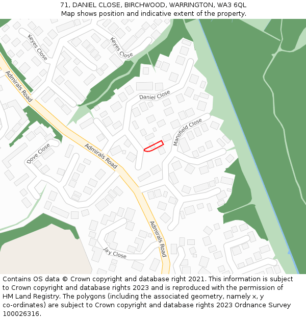 71, DANIEL CLOSE, BIRCHWOOD, WARRINGTON, WA3 6QL: Location map and indicative extent of plot