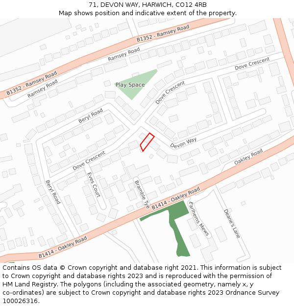 71, DEVON WAY, HARWICH, CO12 4RB: Location map and indicative extent of plot