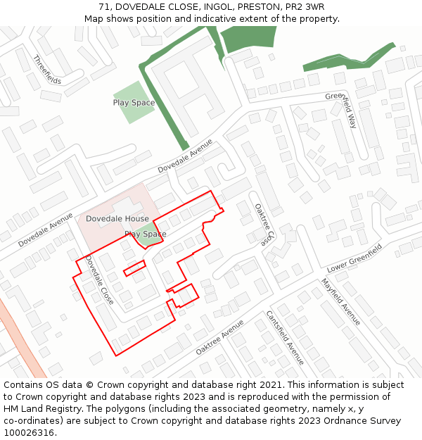 71, DOVEDALE CLOSE, INGOL, PRESTON, PR2 3WR: Location map and indicative extent of plot