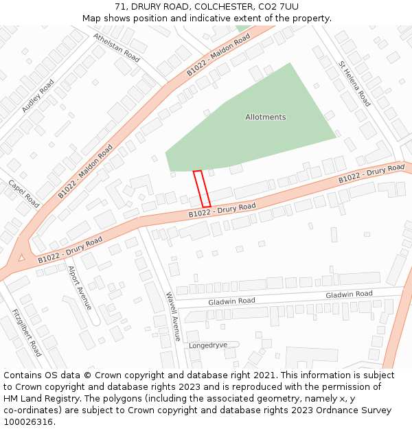 71, DRURY ROAD, COLCHESTER, CO2 7UU: Location map and indicative extent of plot