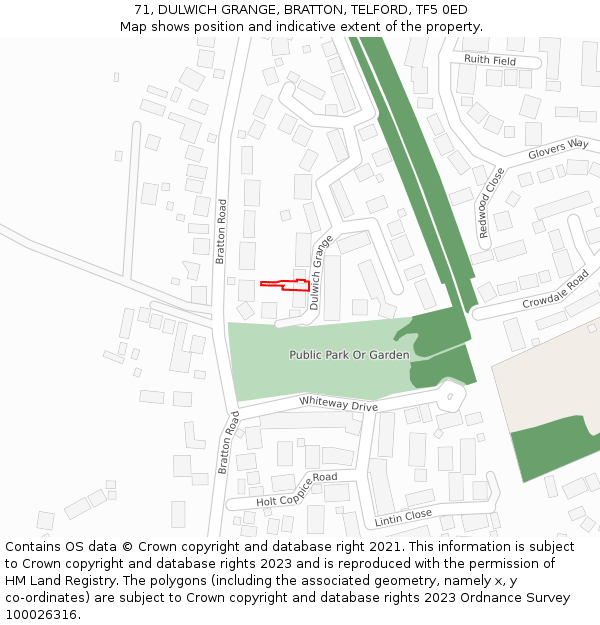 71, DULWICH GRANGE, BRATTON, TELFORD, TF5 0ED: Location map and indicative extent of plot