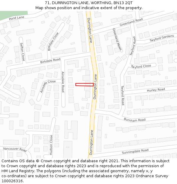 71, DURRINGTON LANE, WORTHING, BN13 2QT: Location map and indicative extent of plot