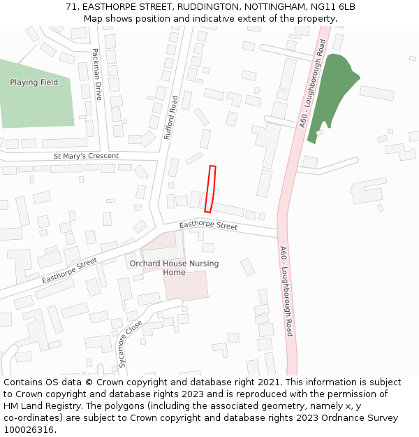 71, EASTHORPE STREET, RUDDINGTON, NOTTINGHAM, NG11 6LB: Location map and indicative extent of plot