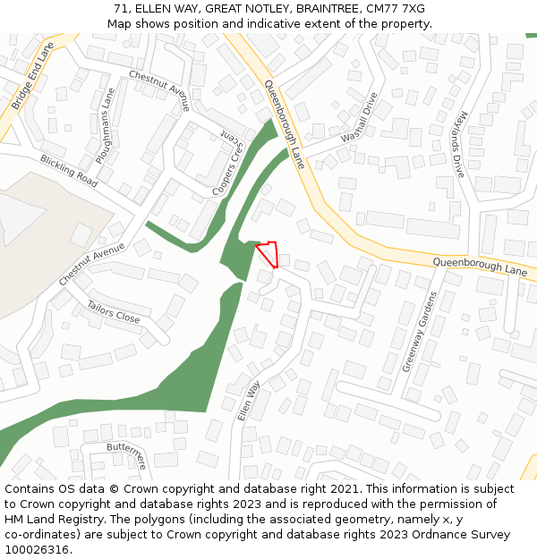 71, ELLEN WAY, GREAT NOTLEY, BRAINTREE, CM77 7XG: Location map and indicative extent of plot