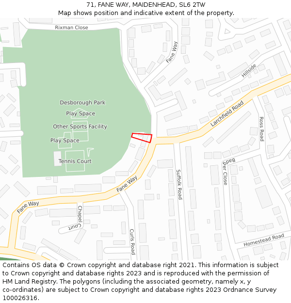 71, FANE WAY, MAIDENHEAD, SL6 2TW: Location map and indicative extent of plot