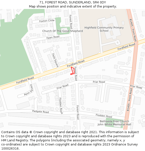 71, FOREST ROAD, SUNDERLAND, SR4 0DY: Location map and indicative extent of plot