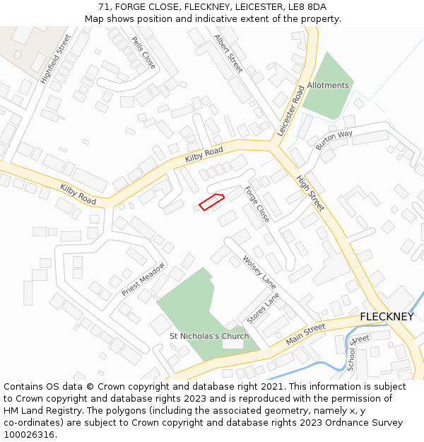 71, FORGE CLOSE, FLECKNEY, LEICESTER, LE8 8DA: Location map and indicative extent of plot