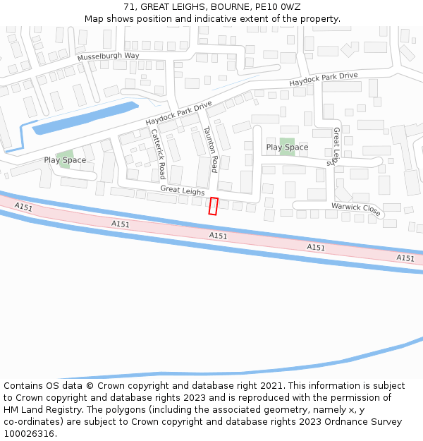 71, GREAT LEIGHS, BOURNE, PE10 0WZ: Location map and indicative extent of plot