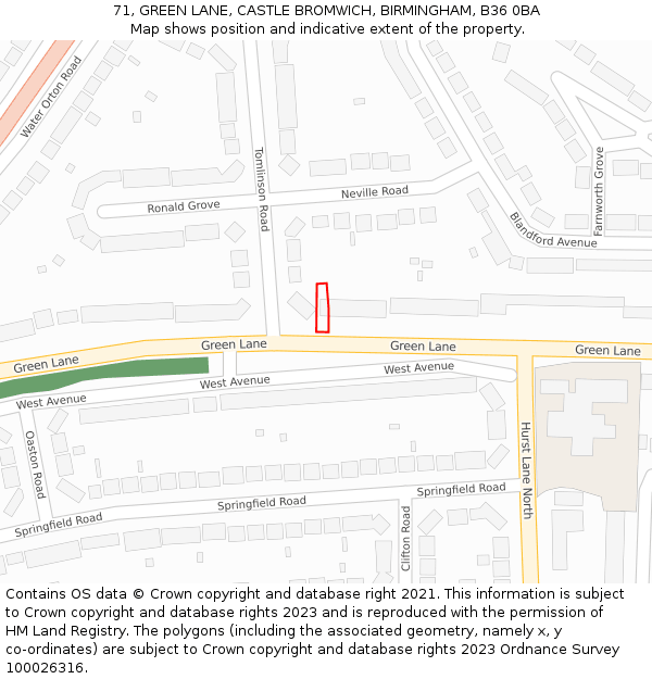 71, GREEN LANE, CASTLE BROMWICH, BIRMINGHAM, B36 0BA: Location map and indicative extent of plot