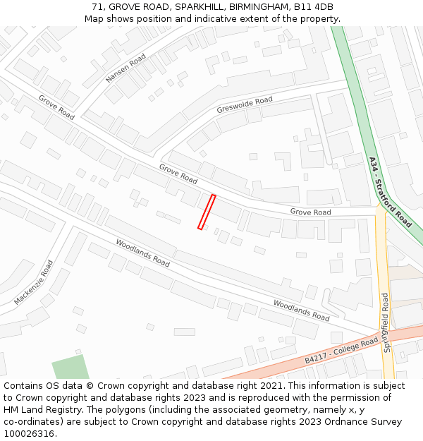 71, GROVE ROAD, SPARKHILL, BIRMINGHAM, B11 4DB: Location map and indicative extent of plot