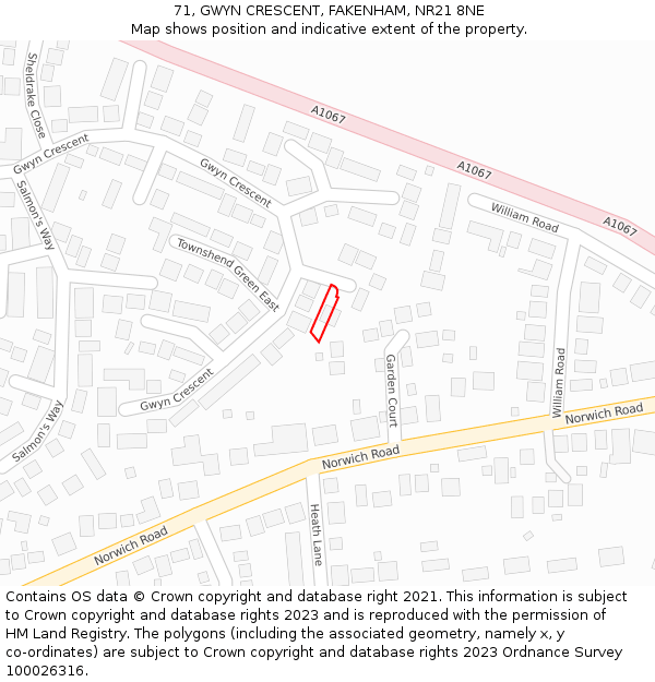 71, GWYN CRESCENT, FAKENHAM, NR21 8NE: Location map and indicative extent of plot