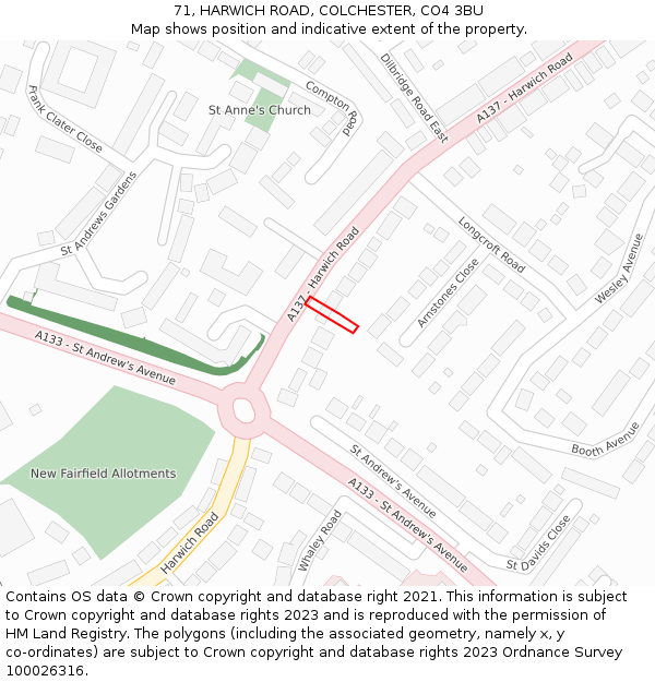 71, HARWICH ROAD, COLCHESTER, CO4 3BU: Location map and indicative extent of plot