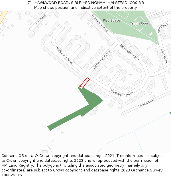 71, HAWKWOOD ROAD, SIBLE HEDINGHAM, HALSTEAD, CO9 3JR: Location map and indicative extent of plot