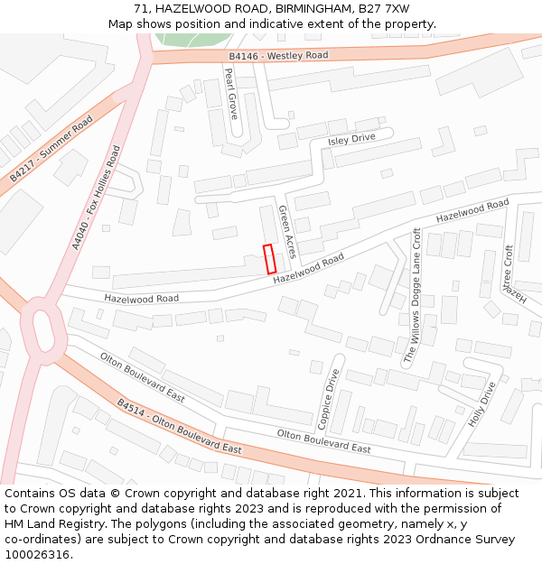 71, HAZELWOOD ROAD, BIRMINGHAM, B27 7XW: Location map and indicative extent of plot