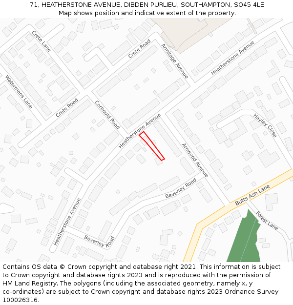 71, HEATHERSTONE AVENUE, DIBDEN PURLIEU, SOUTHAMPTON, SO45 4LE: Location map and indicative extent of plot