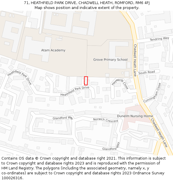 71, HEATHFIELD PARK DRIVE, CHADWELL HEATH, ROMFORD, RM6 4FJ: Location map and indicative extent of plot