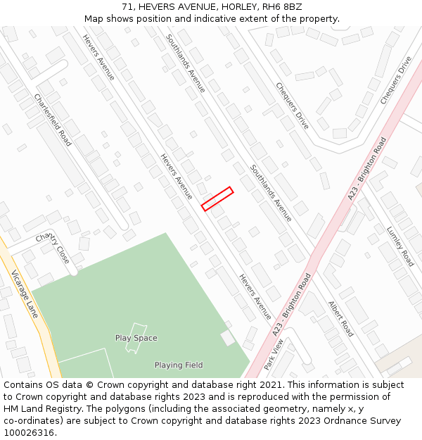 71, HEVERS AVENUE, HORLEY, RH6 8BZ: Location map and indicative extent of plot