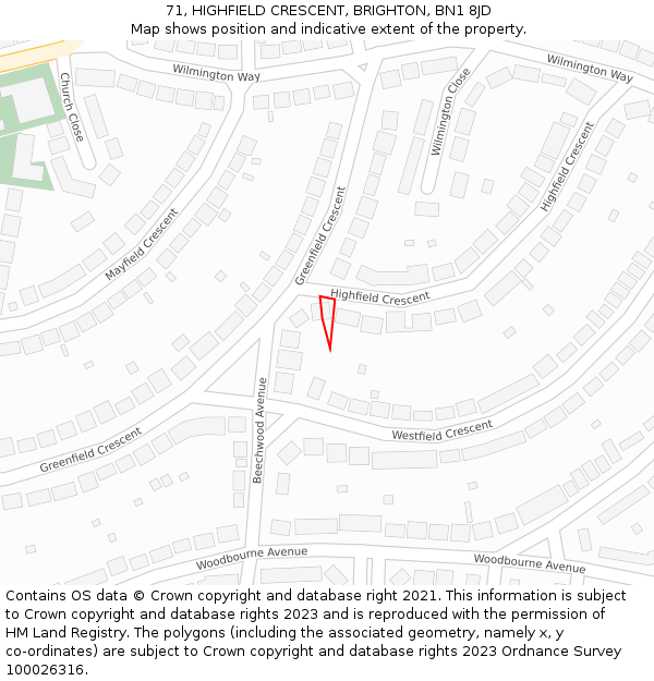 71, HIGHFIELD CRESCENT, BRIGHTON, BN1 8JD: Location map and indicative extent of plot