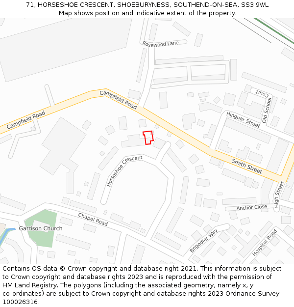71, HORSESHOE CRESCENT, SHOEBURYNESS, SOUTHEND-ON-SEA, SS3 9WL: Location map and indicative extent of plot