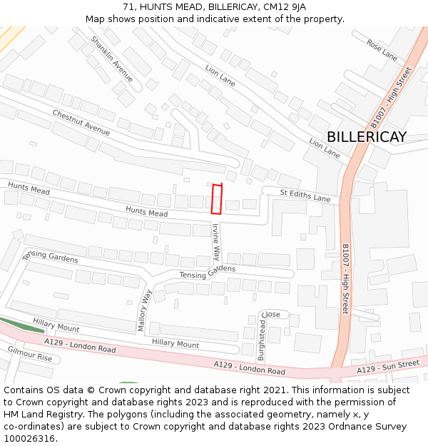 71, HUNTS MEAD, BILLERICAY, CM12 9JA: Location map and indicative extent of plot