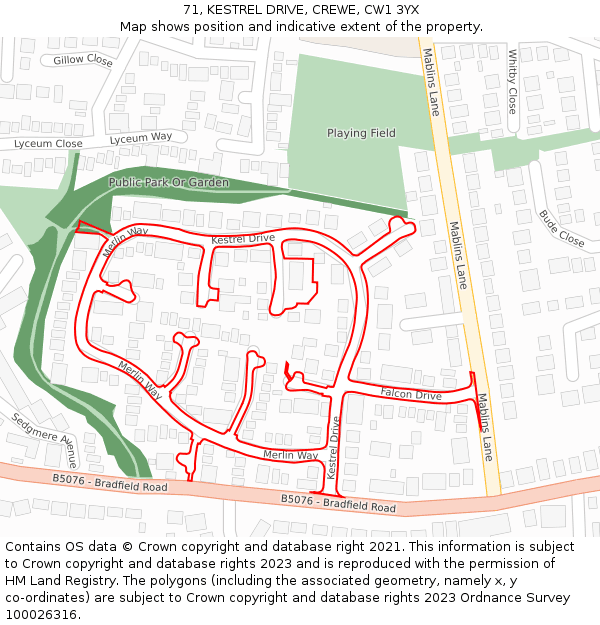 71, KESTREL DRIVE, CREWE, CW1 3YX: Location map and indicative extent of plot