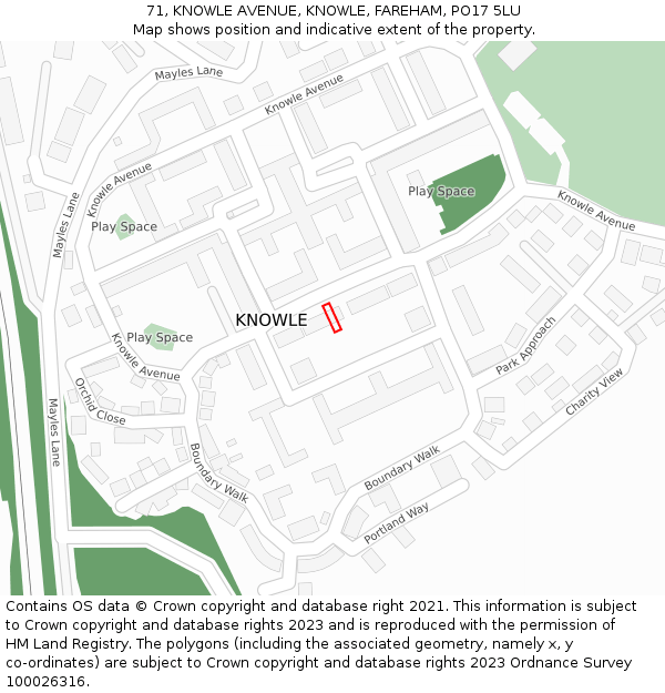 71, KNOWLE AVENUE, KNOWLE, FAREHAM, PO17 5LU: Location map and indicative extent of plot