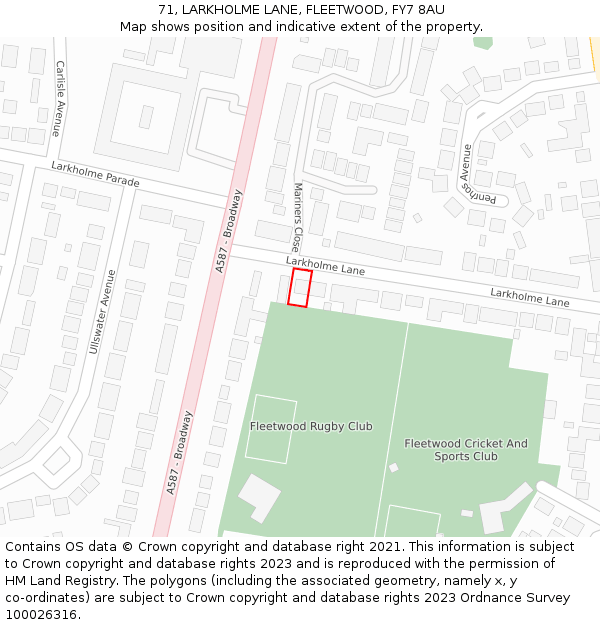 71, LARKHOLME LANE, FLEETWOOD, FY7 8AU: Location map and indicative extent of plot