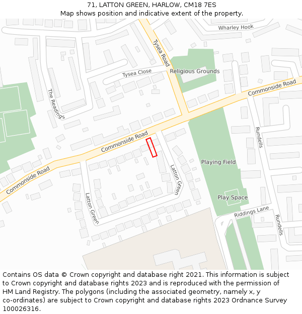 71, LATTON GREEN, HARLOW, CM18 7ES: Location map and indicative extent of plot