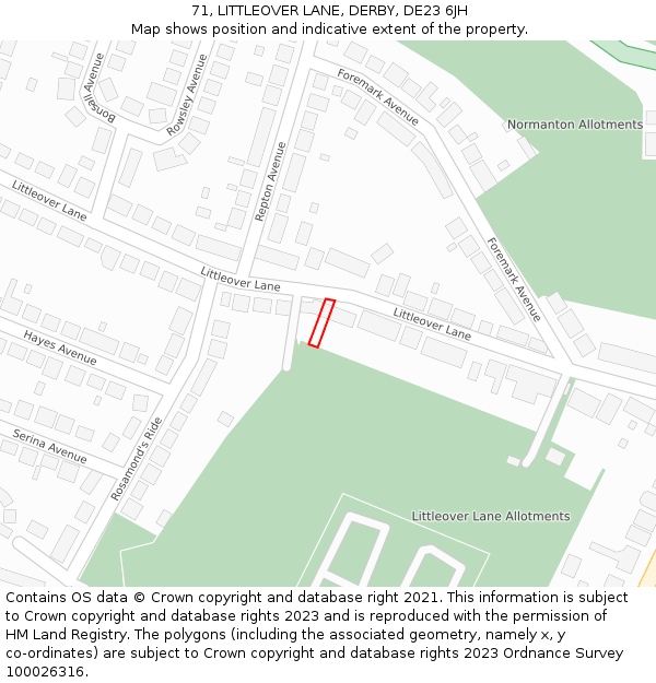 71, LITTLEOVER LANE, DERBY, DE23 6JH: Location map and indicative extent of plot