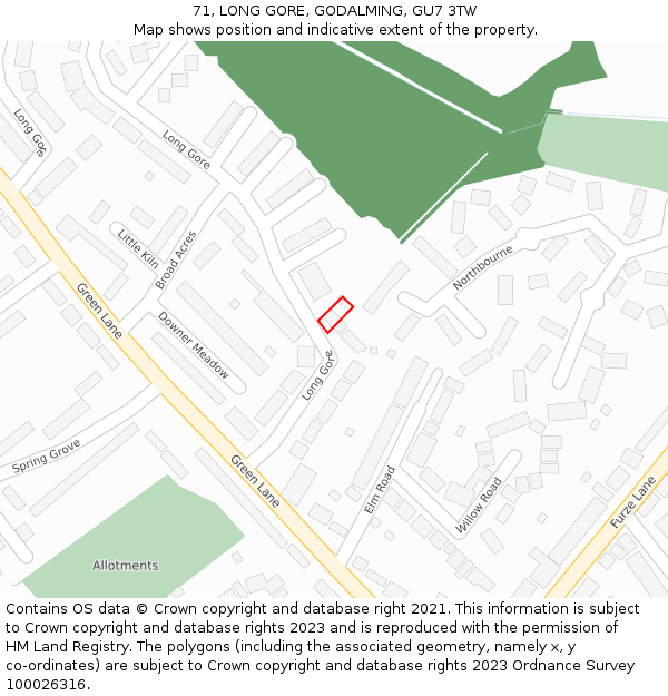 71, LONG GORE, GODALMING, GU7 3TW: Location map and indicative extent of plot