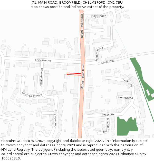 71, MAIN ROAD, BROOMFIELD, CHELMSFORD, CM1 7BU: Location map and indicative extent of plot