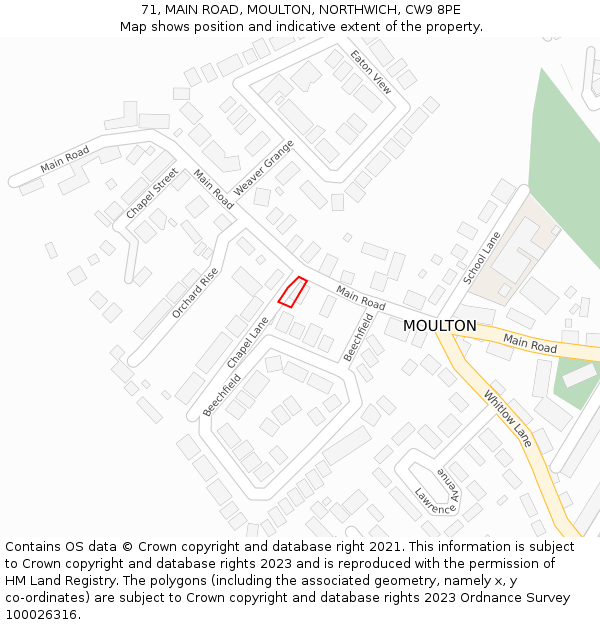 71, MAIN ROAD, MOULTON, NORTHWICH, CW9 8PE: Location map and indicative extent of plot