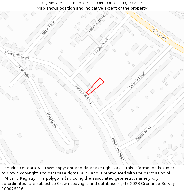 71, MANEY HILL ROAD, SUTTON COLDFIELD, B72 1JS: Location map and indicative extent of plot