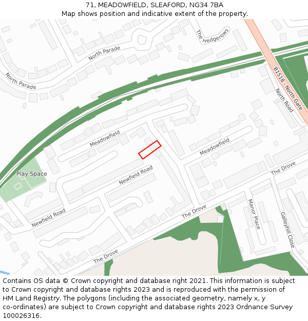 71, MEADOWFIELD, SLEAFORD, NG34 7BA: Location map and indicative extent of plot