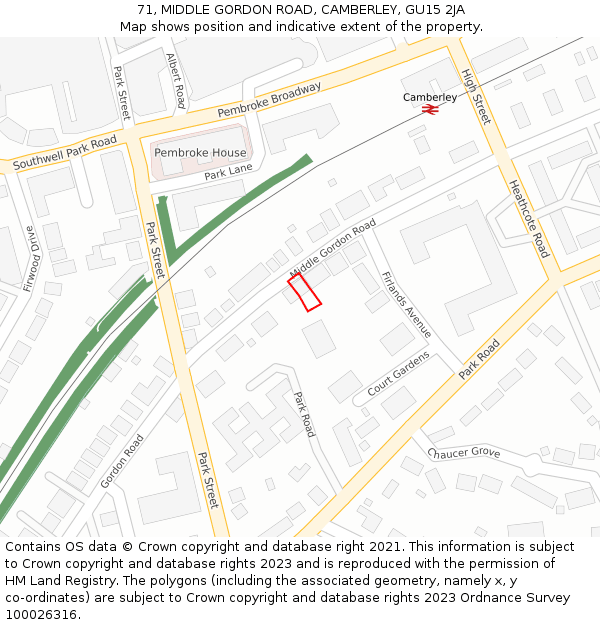 71, MIDDLE GORDON ROAD, CAMBERLEY, GU15 2JA: Location map and indicative extent of plot