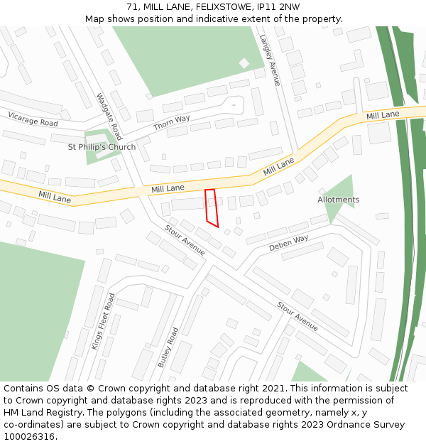 71, MILL LANE, FELIXSTOWE, IP11 2NW: Location map and indicative extent of plot