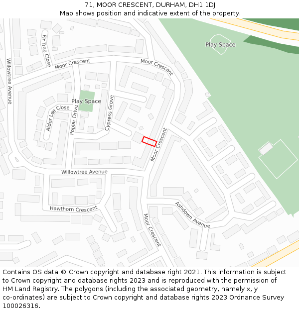 71, MOOR CRESCENT, DURHAM, DH1 1DJ: Location map and indicative extent of plot