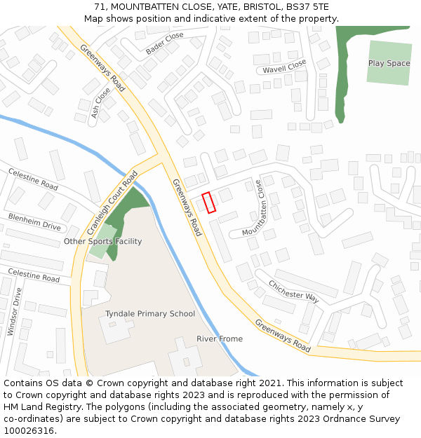 71, MOUNTBATTEN CLOSE, YATE, BRISTOL, BS37 5TE: Location map and indicative extent of plot