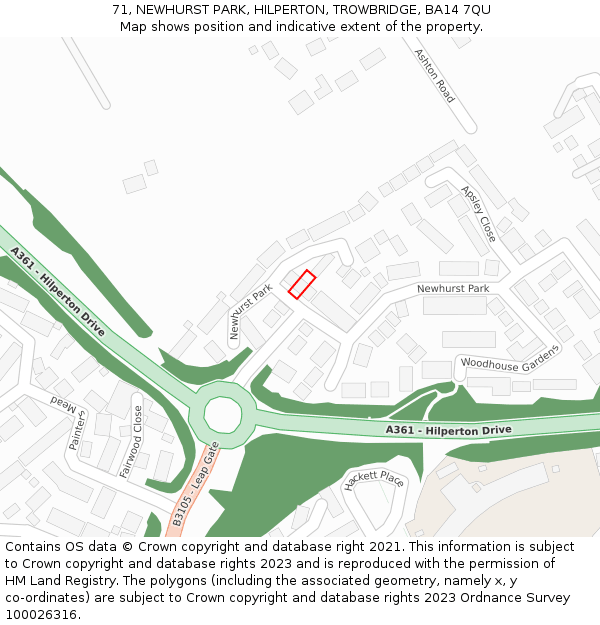 71, NEWHURST PARK, HILPERTON, TROWBRIDGE, BA14 7QU: Location map and indicative extent of plot