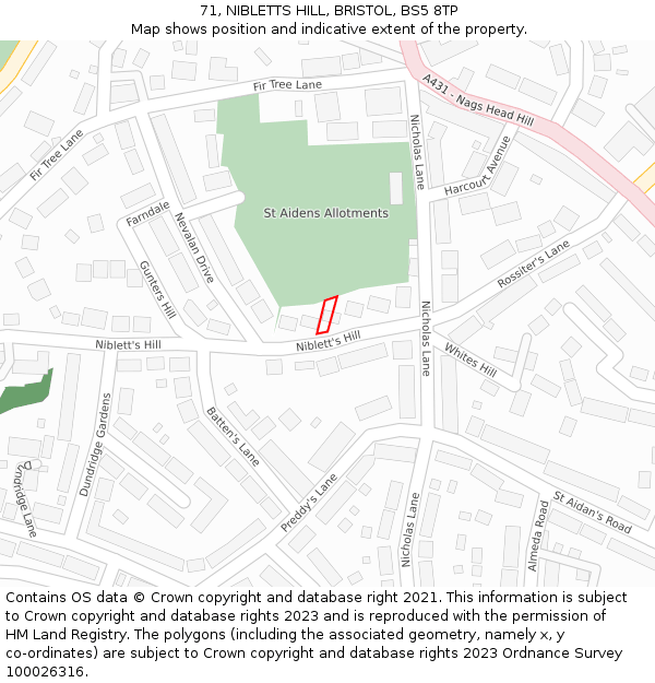 71, NIBLETTS HILL, BRISTOL, BS5 8TP: Location map and indicative extent of plot